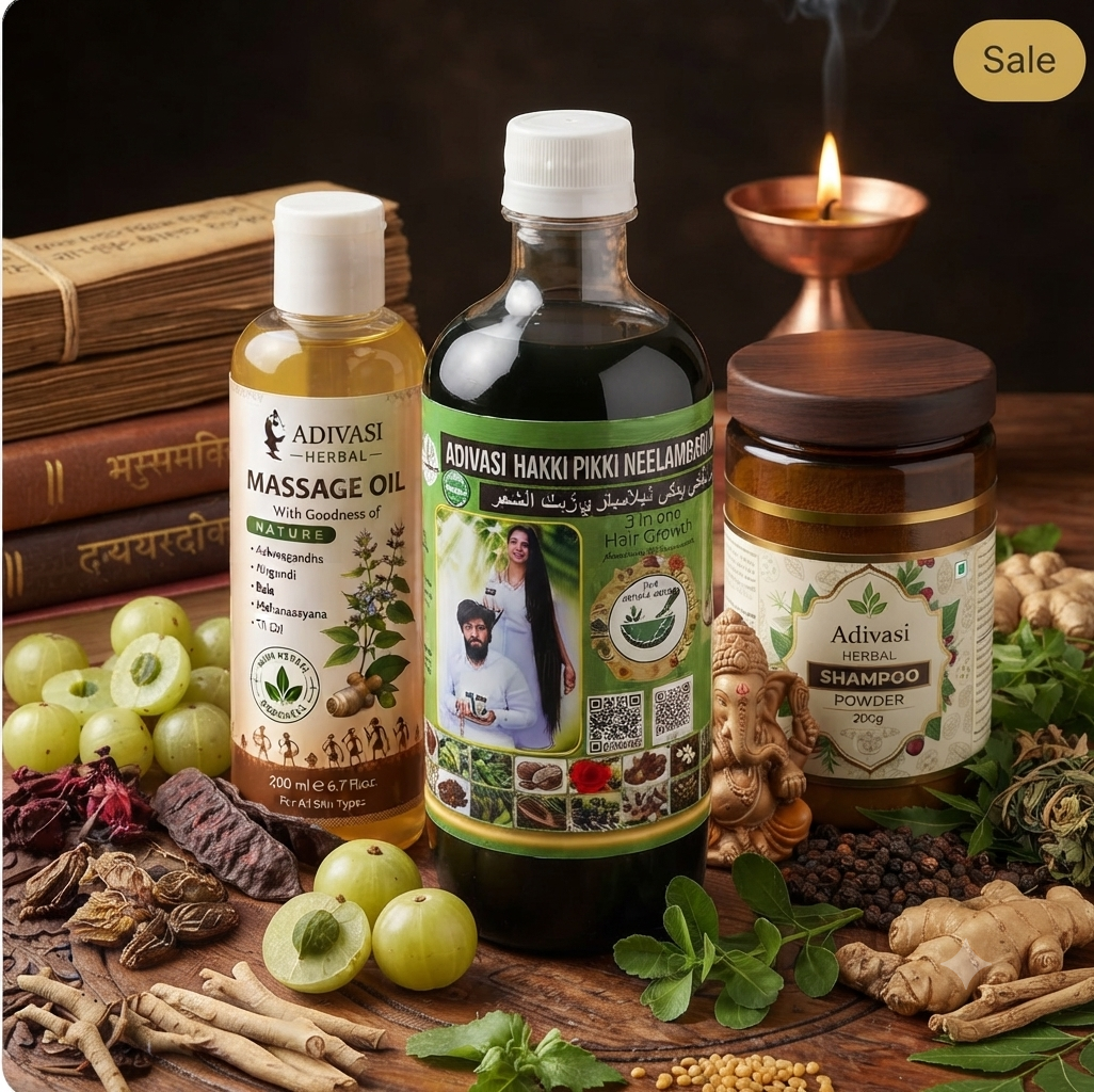 Adivasi Ayurvedic combo with hair oil, shampoo powder and massage oil